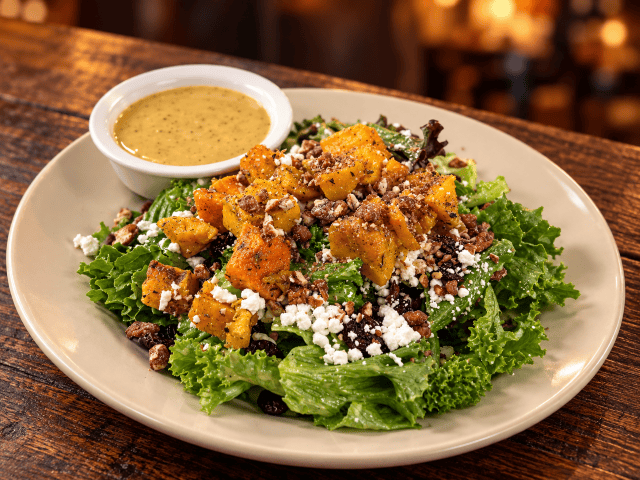 Colorful salad with squash and dressing