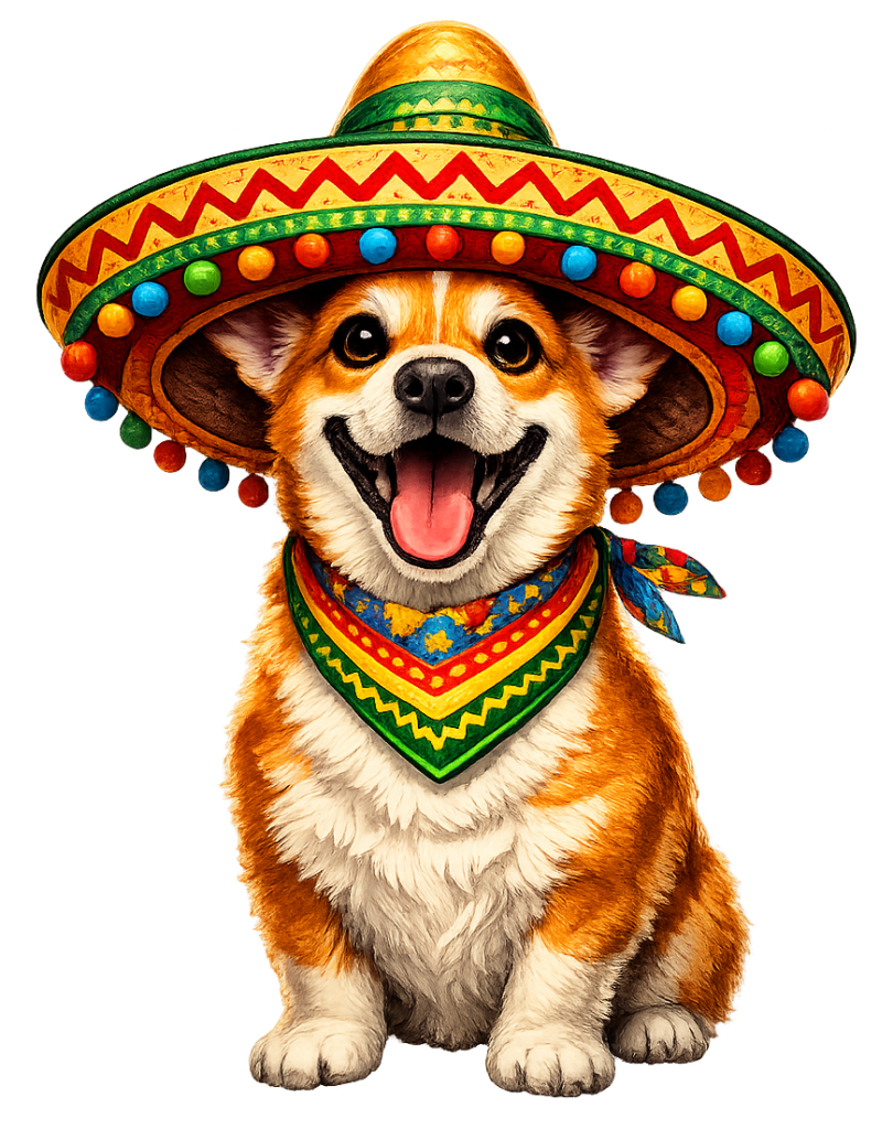 Corgi wearing a colorful sombrero
