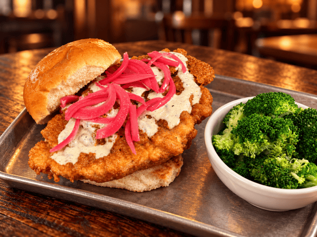 Fried chicken sandwich with broccoli side
