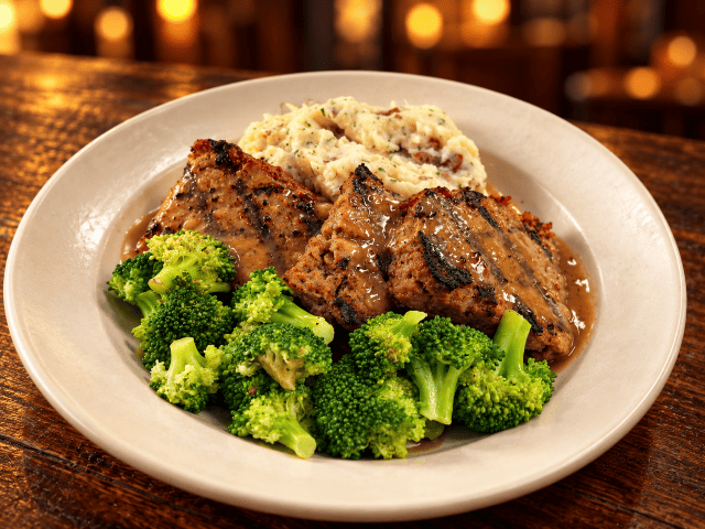 Grilled meatloaf with mashed potatoes and broccoli