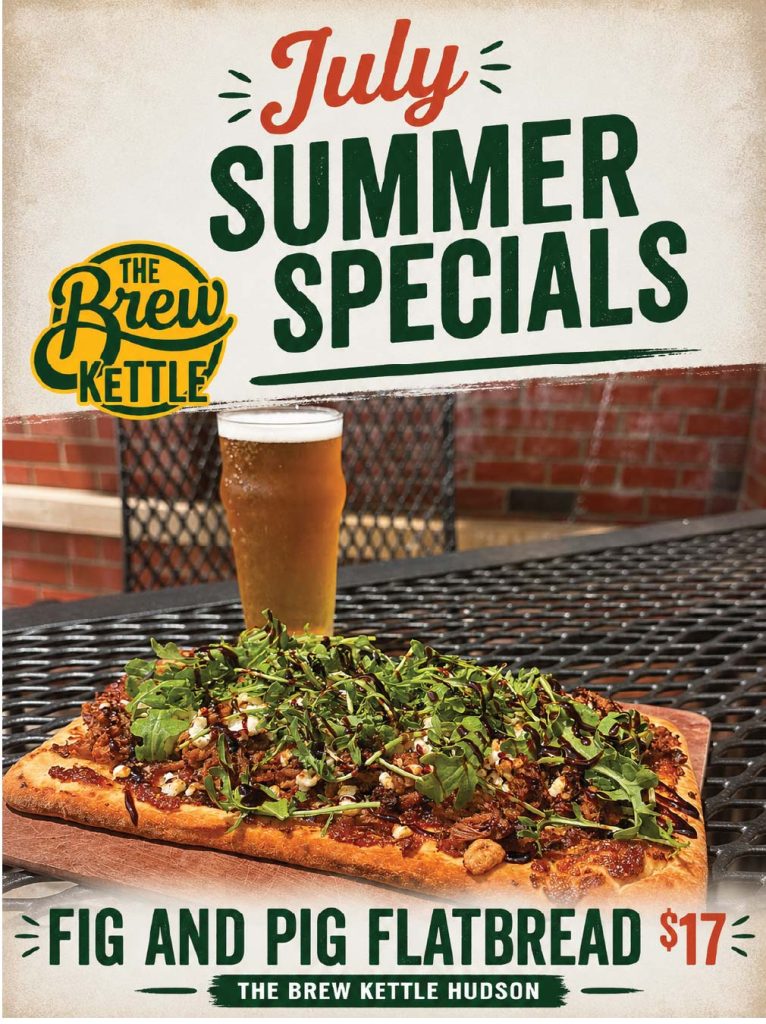 Flatbread with toppings and beer