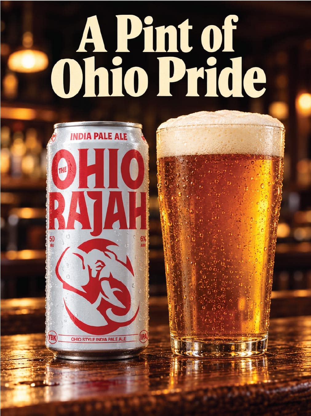 Beer can and glass on bar