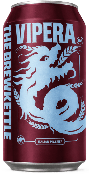 Close-up of Vipera Italian Pilsner beer can with dragon logo.