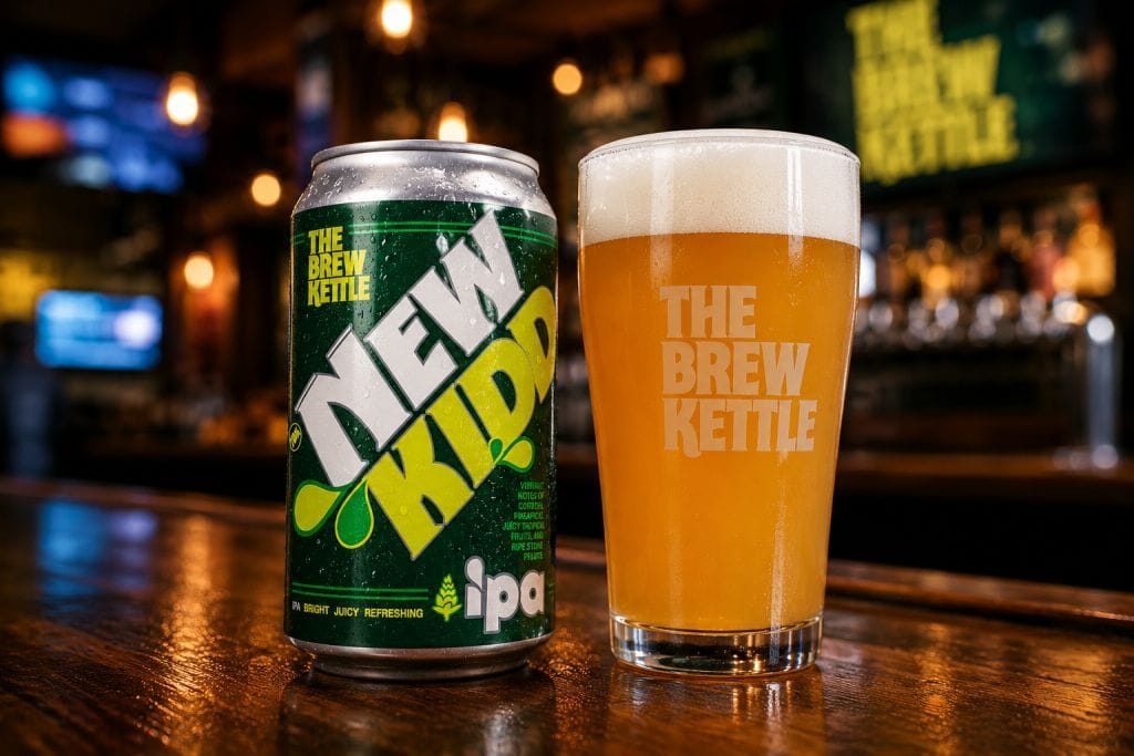 IPA can and glass on bar