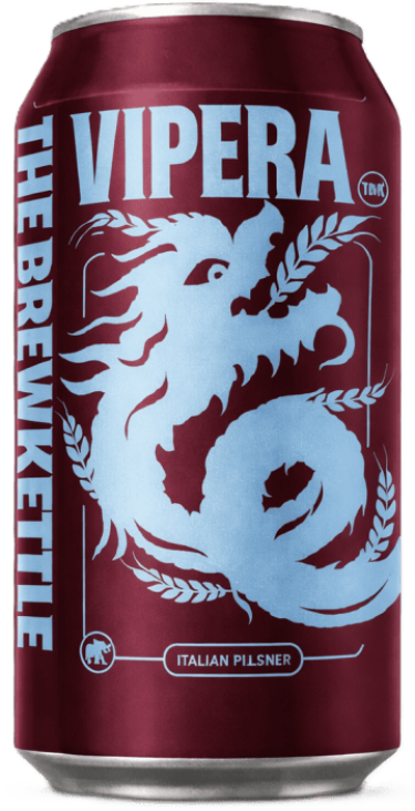 Close-up of Vipera Italian Pilsner beer can with dragon logo.